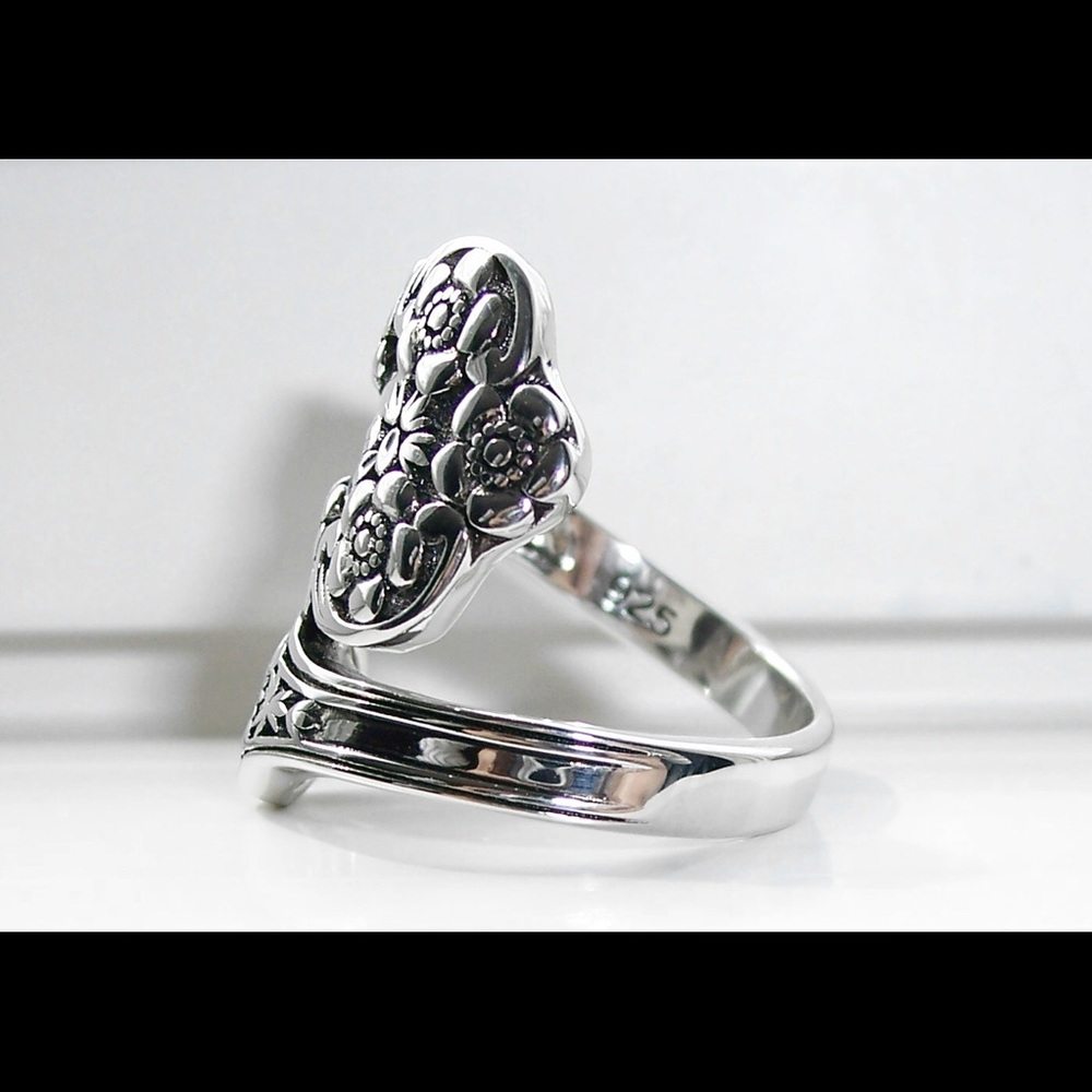 925 STERLING SILVER Vintage Style Flowers Spoon Ring - Picture 7 of 15